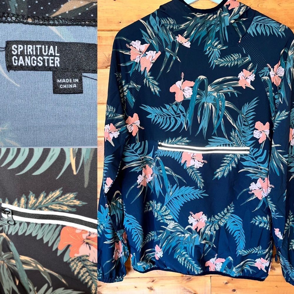 Spiritual Gangster Floral Windbreaker Jacket Womens Small Green Pullover Anorak